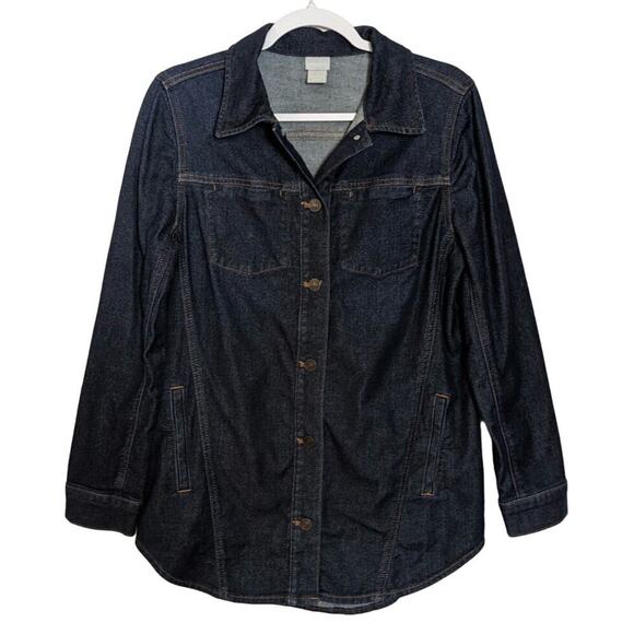 Chico's Dark Wash Denim Shirt Jacket Shacket Cotton Lyocell Blend Size Medium - Picture 1 of 10